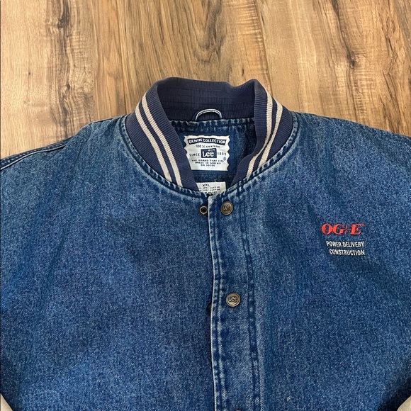 VTG Lee Denim & Beige Bomber Jacket with"OGE"& "POWER DELIVERY CONSTRUCTION" XXL - Picture 2 of 10